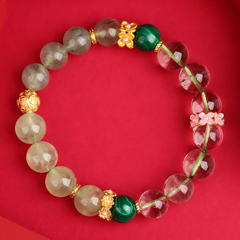 Pulsera de la suerte con piedras de Buda, cinco elementos, varios cristales de ágata, cuarzo rutilado fantasma verde, ágata uva verde y malaquita.