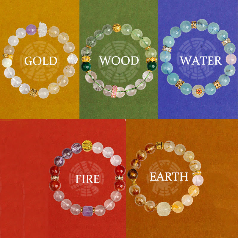 Pulsera de la suerte con piedras de Buda, cinco elementos, varios cristales de ágata, cuarzo rutilado fantasma verde, ágata uva verde y malaquita.