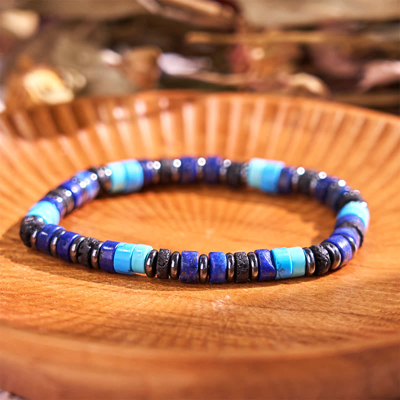 Pulsera de soporte con piedras de Buda, hematita, turquesa, lazurita, roca de lava, piedra negra brillante