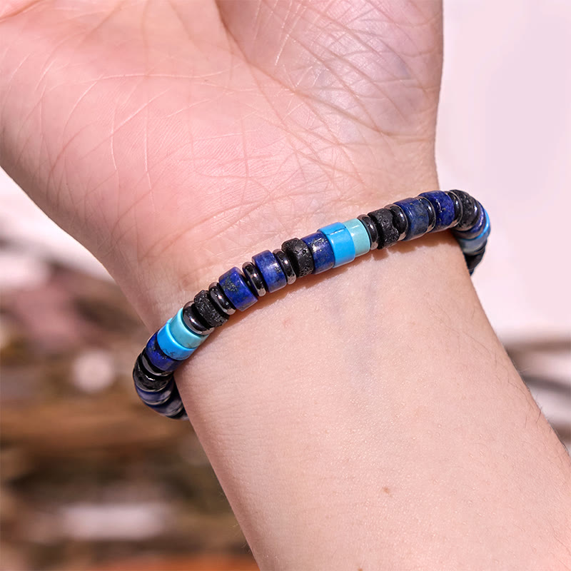 Pulsera de soporte con piedras de Buda, hematita, turquesa, lazurita, roca de lava, piedra negra brillante
