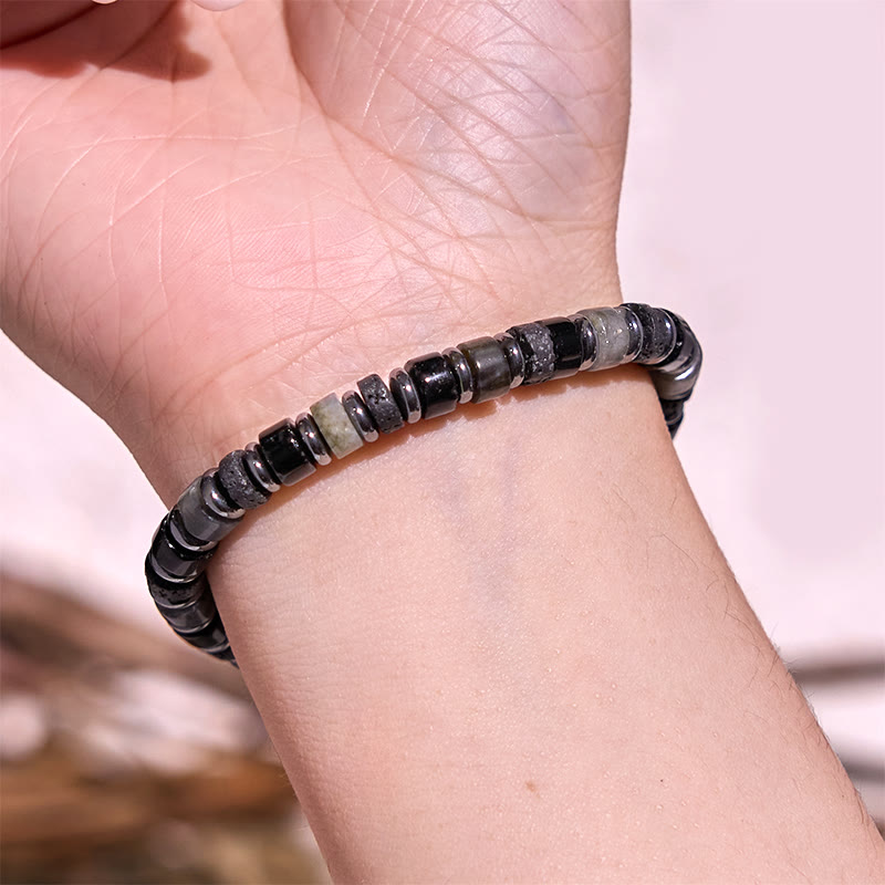 Pulsera de soporte con piedras de Buda, hematita, turquesa, lazurita, roca de lava, piedra negra brillante