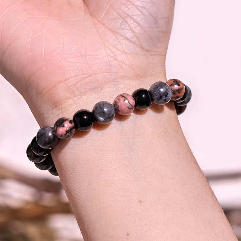 Pulsera de protección con piedras de Buda, ojo de tigre, piedra brillante negra, cuentas de vidrio negro, obsidiana copo de nieve, roca de lava y rodonita.