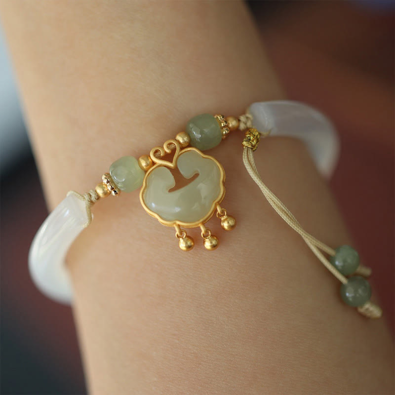 Brazalete de media pulsera con piedras de Buda, calcedonia, jade hetiano, plata de ley 925, nube auspiciosa, candado Ruyi, armonía