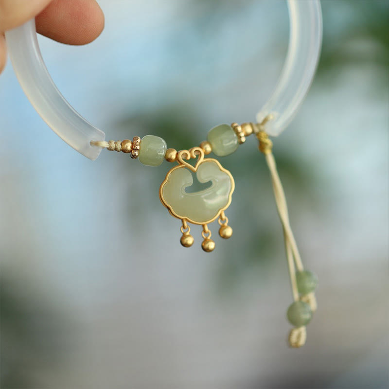 Brazalete de media pulsera con piedras de Buda, calcedonia, jade hetiano, plata de ley 925, nube auspiciosa, candado Ruyi, armonía