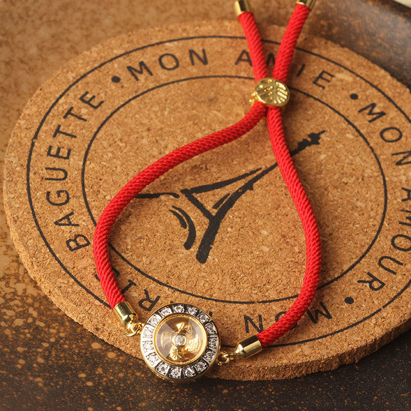 Pulsera trenzada de hilo rojo con piedras de Buda, cobre, latón, Feng Sheng Shui, Qi, molino de viento giratorio y fe.