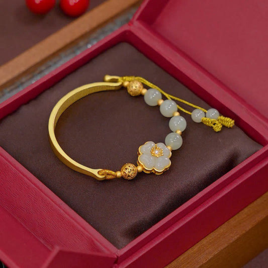 Brazalete de media pulsera con flor de la suerte y jade hetiano de Buda en plata de ley 925