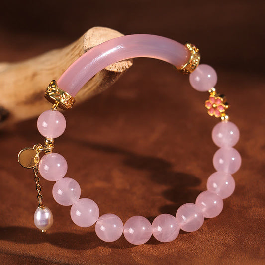 Brazalete de media pulsera con piedras de Buda, cristal rosa, calcedonia azul y perla