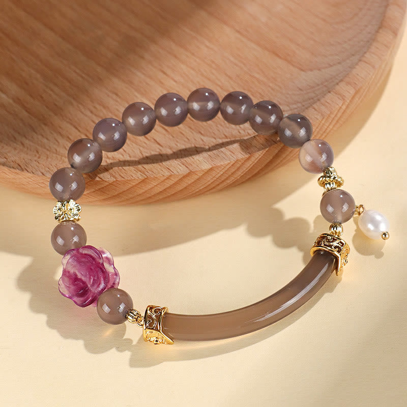 Brazalete de media perla con cuarzo fresa, labradorita, fluorita y piedras de Buda