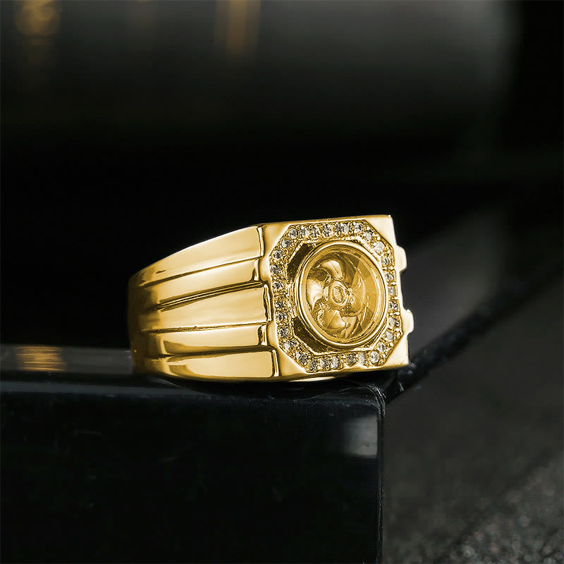 Anillo curativo de molino de viento de cobre y latón bañado en oro con piedras de Buda