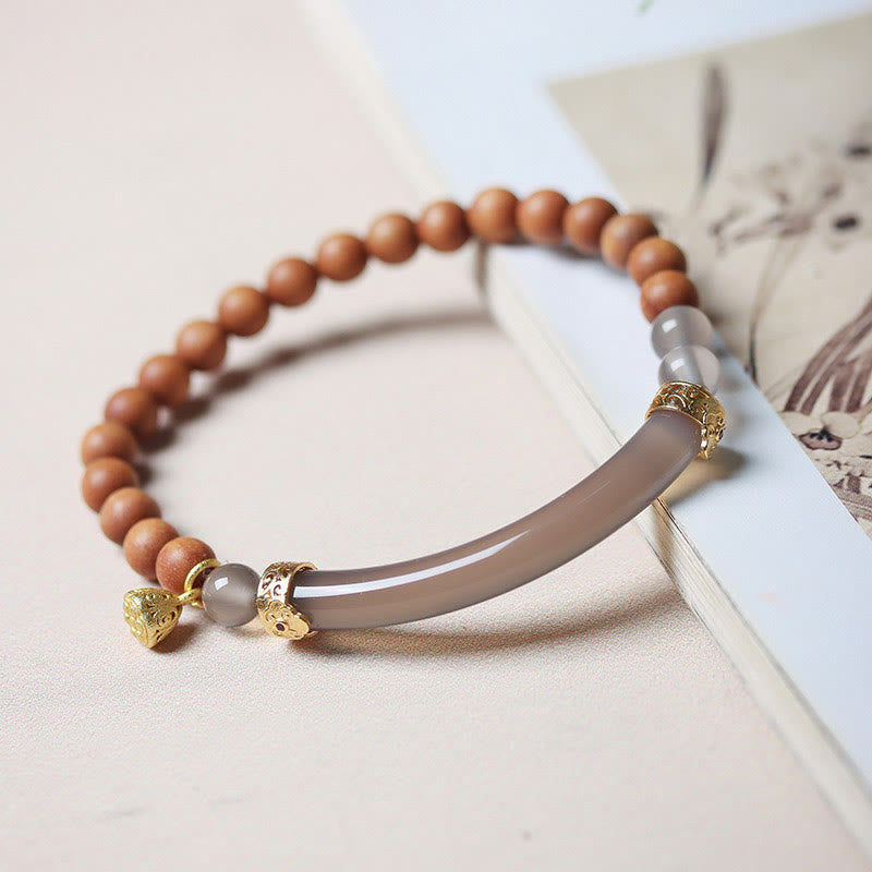 Brazalete tipo brazalete con piedras de Buda, sándalo, ágata gris y calcedonia