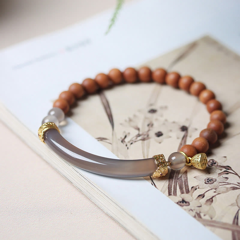 Brazalete tipo brazalete con piedras de Buda, sándalo, ágata gris y calcedonia