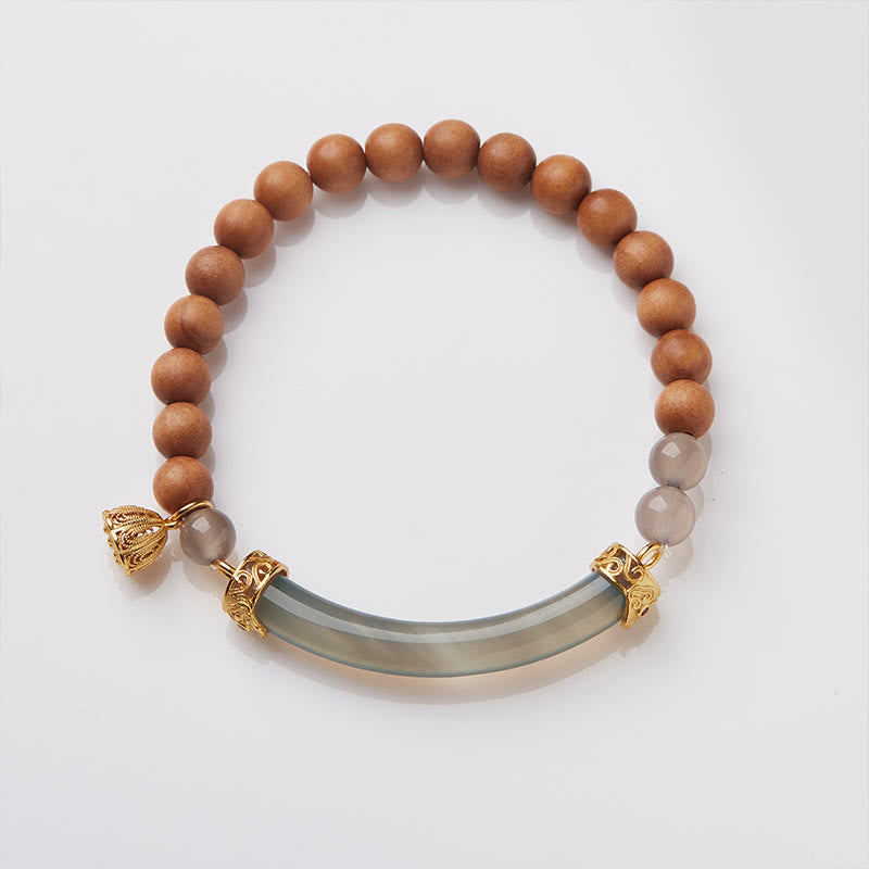 Brazalete tipo brazalete con piedras de Buda, sándalo, ágata gris y calcedonia