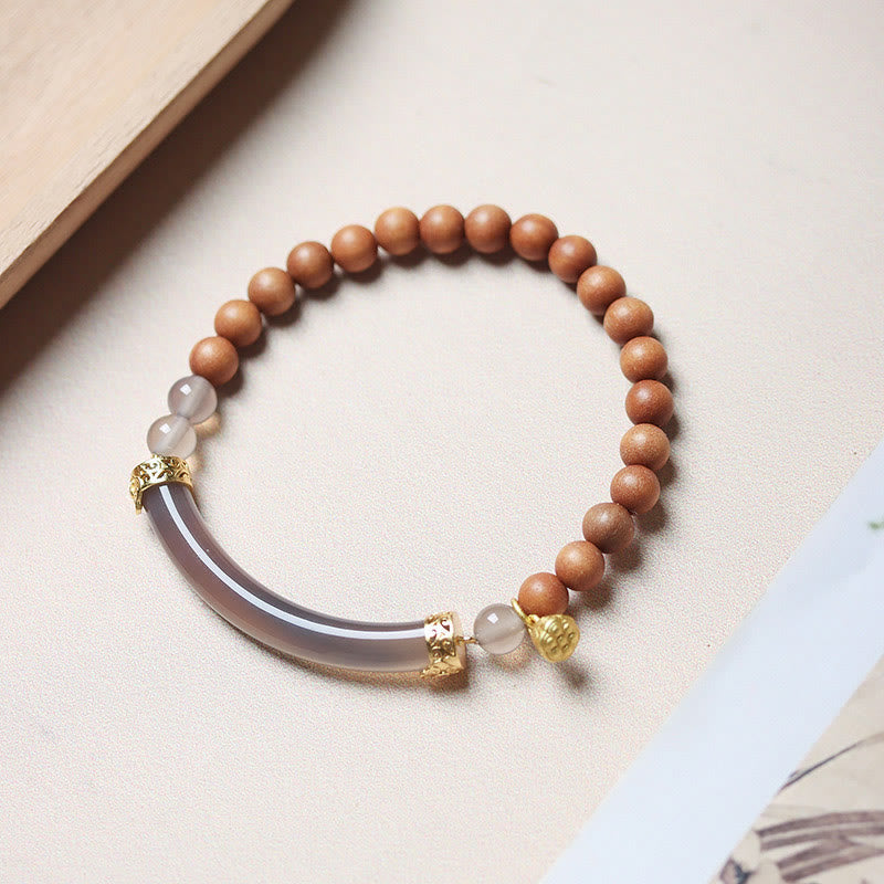 Brazalete tipo brazalete con piedras de Buda, sándalo, ágata gris y calcedonia