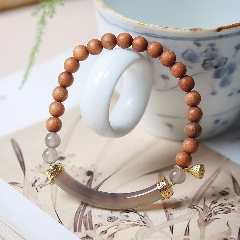 Brazalete tipo brazalete con piedras de Buda, sándalo, ágata gris y calcedonia