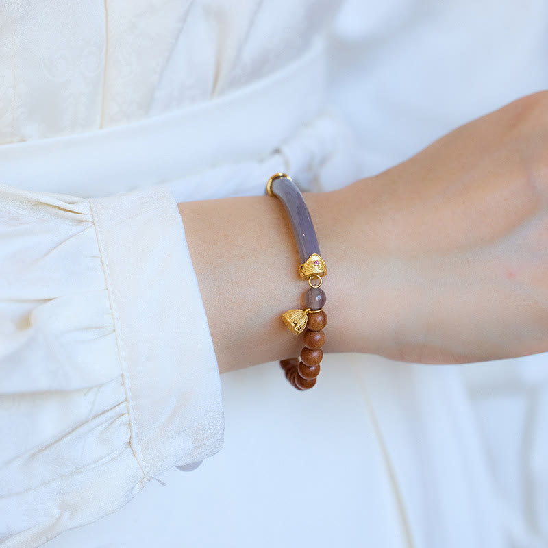 Brazalete tipo brazalete con piedras de Buda, sándalo, ágata gris y calcedonia