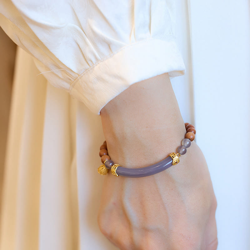 Brazalete tipo brazalete con piedras de Buda, sándalo, ágata gris y calcedonia