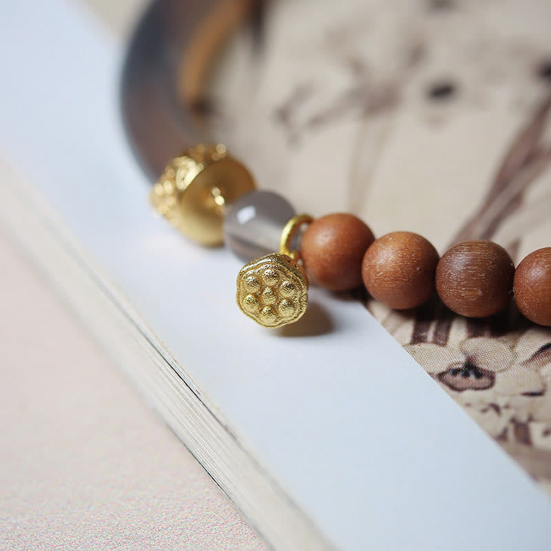 Brazalete tipo brazalete con piedras de Buda, sándalo, ágata gris y calcedonia