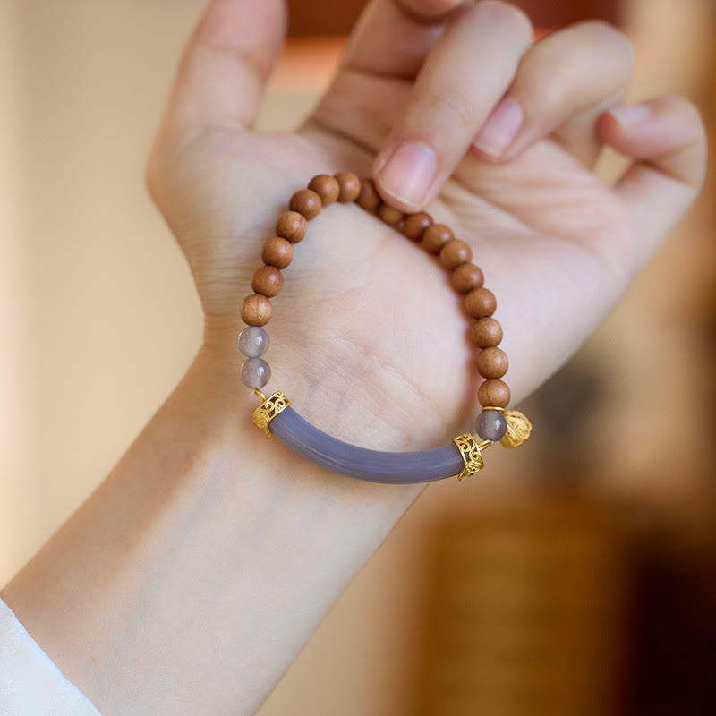 Brazalete tipo brazalete con piedras de Buda, sándalo, ágata gris y calcedonia