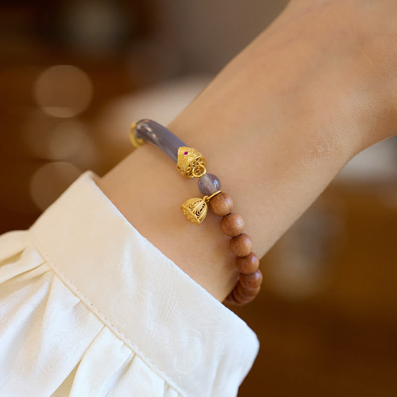 Brazalete tipo brazalete con piedras de Buda, sándalo, ágata gris y calcedonia