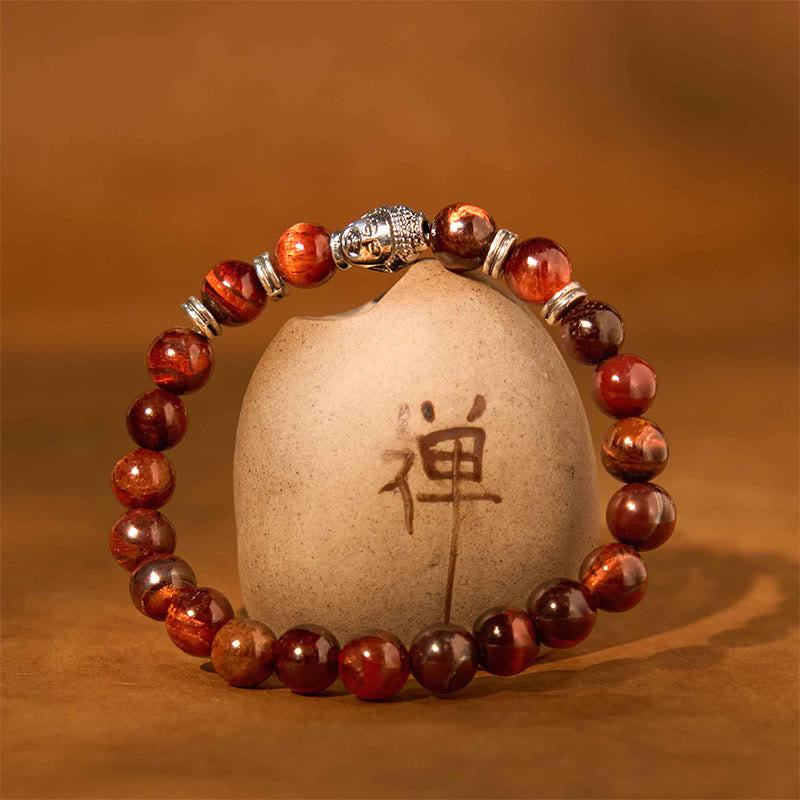 Buddha-Steine, blau, grün, rot, Tigerauge, Buddha-Kopf, Balance-Armband