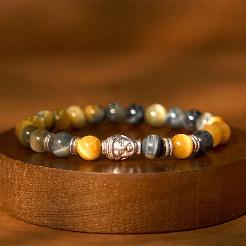Buddha-Steine, blau, grün, rot, Tigerauge, Buddha-Kopf, Balance-Armband