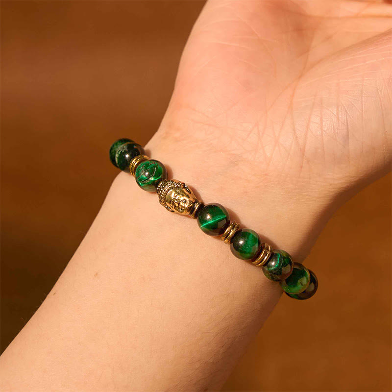 Buddha-Steine, blau, grün, rot, Tigerauge, Buddha-Kopf, Balance-Armband