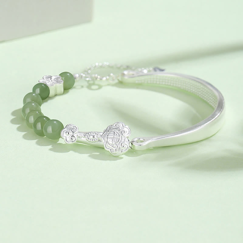 Brazalete de media pulsera de plata de ley 925 con jade hetiano y piedras de Buda