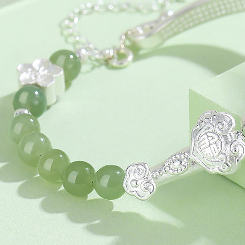Brazalete de media pulsera de plata de ley 925 con jade hetiano y piedras de Buda