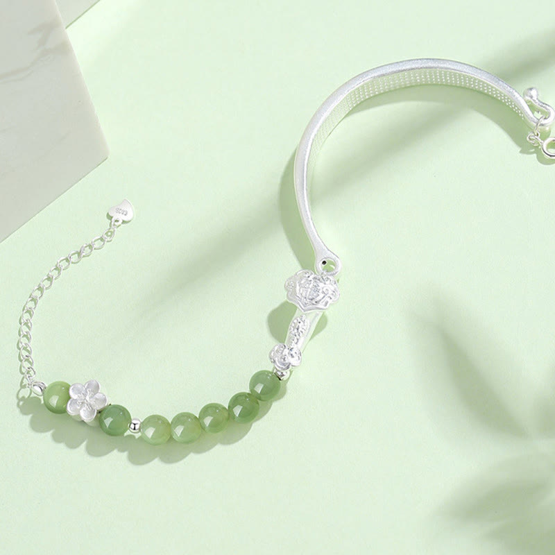 Brazalete de media pulsera de plata de ley 925 con jade hetiano y piedras de Buda