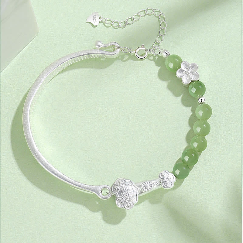 Brazalete de media pulsera de plata de ley 925 con jade hetiano y piedras de Buda