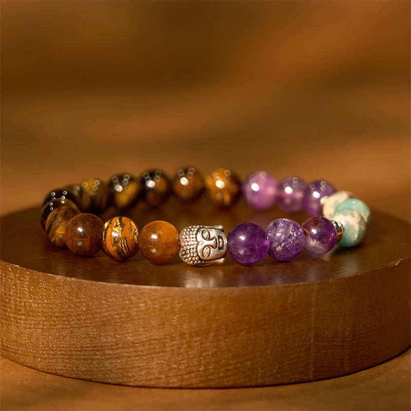 Pulsera de protección para cabeza de Buda con piedras de Buda, ónix negro natural, piedra blanca, aventurina verde, ojo de tigre, ágata, colores variados
