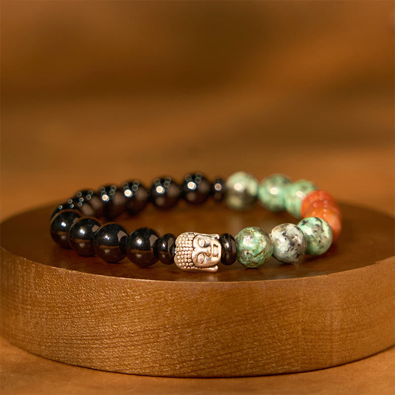 Pulsera de protección para cabeza de Buda con piedras de Buda, ónix negro natural, piedra blanca, aventurina verde, ojo de tigre, ágata, colores variados