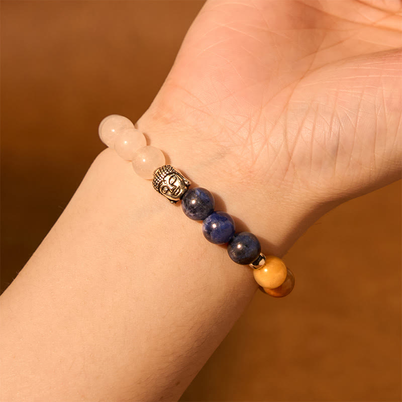 Pulsera de protección para cabeza de Buda con piedras de Buda, ónix negro natural, piedra blanca, aventurina verde, ojo de tigre, ágata, colores variados