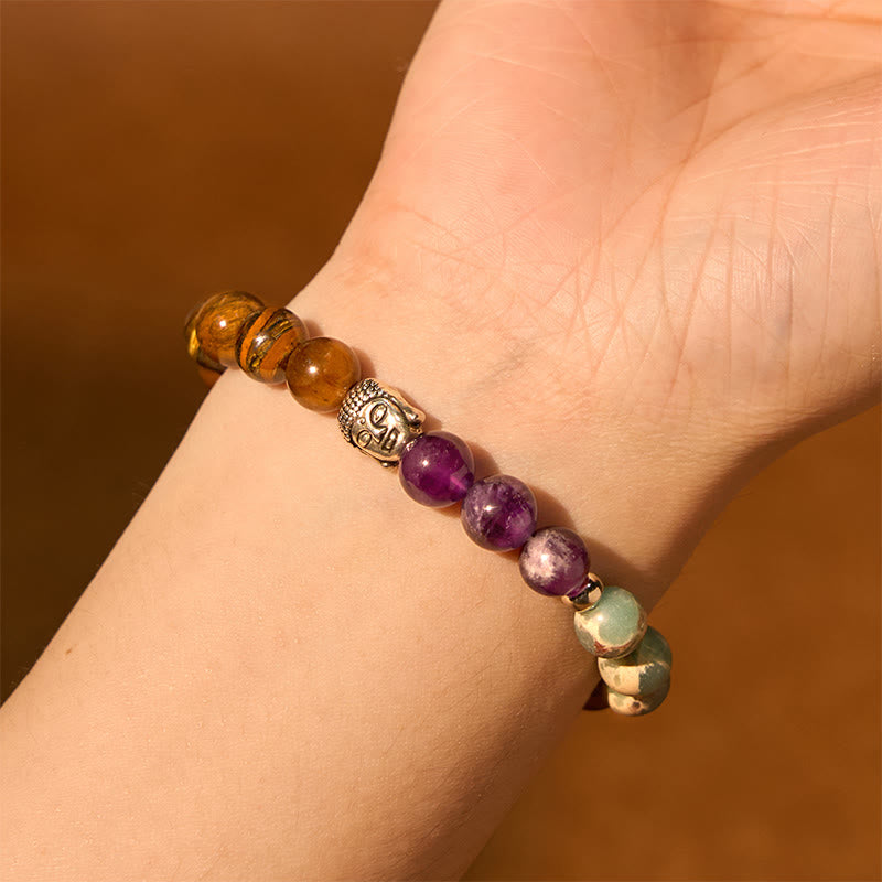 Pulsera de protección para cabeza de Buda con piedras de Buda, ónix negro natural, piedra blanca, aventurina verde, ojo de tigre, ágata, colores variados