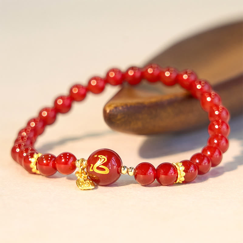 Pulsera de la Felicidad del Año de la Serpiente con Piedras de Buda, Ágata Roja y Cobre Chapado en Oro