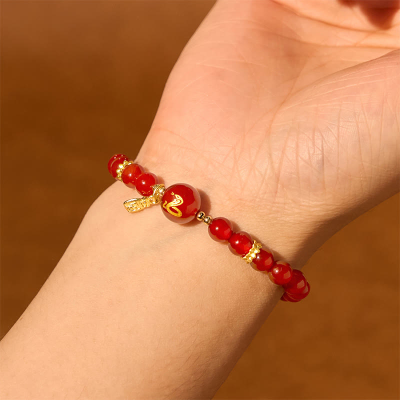 Pulsera de la Felicidad del Año de la Serpiente con Piedras de Buda, Ágata Roja y Cobre Chapado en Oro