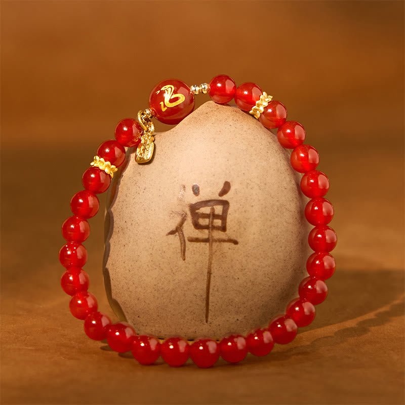 Pulsera de la Felicidad del Año de la Serpiente con Piedras de Buda, Ágata Roja y Cobre Chapado en Oro