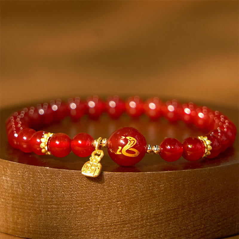 Pulsera de la Felicidad del Año de la Serpiente con Piedras de Buda, Ágata Roja y Cobre Chapado en Oro
