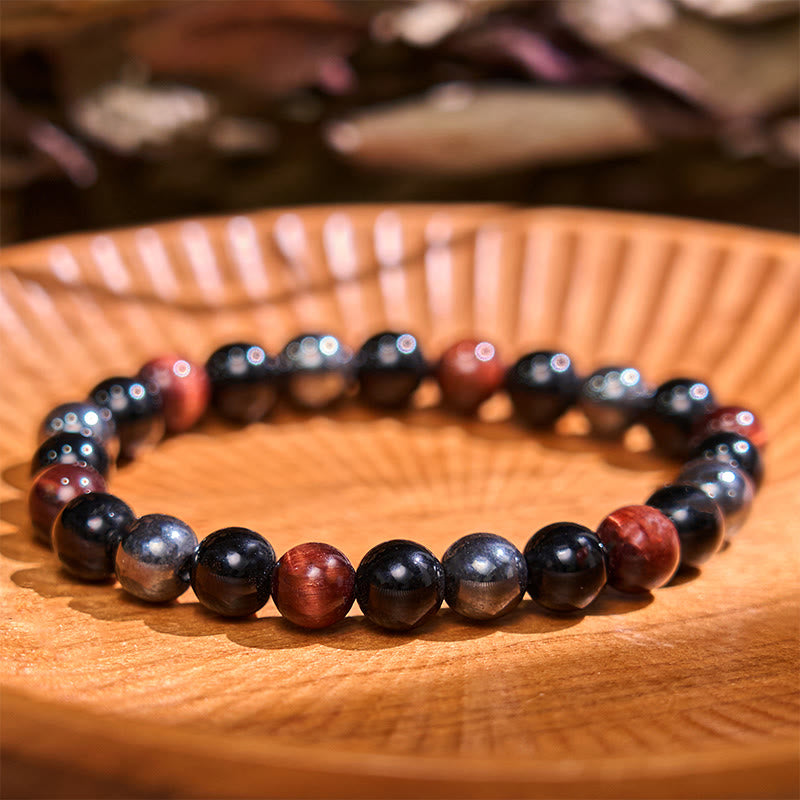 Buddha Stones Armband aus natürlichem Tigerauge, Obsidian und Hämatit mit positiver Wirkung