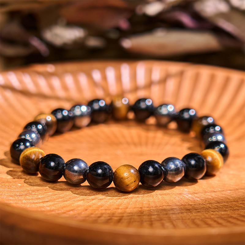 Buddha Stones Armband aus natürlichem Tigerauge, Obsidian und Hämatit mit positiver Wirkung