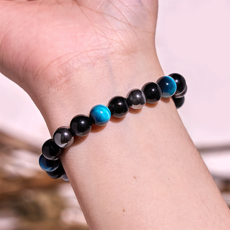 Buddha Stones Armband aus natürlichem Tigerauge, Obsidian und Hämatit mit positiver Wirkung