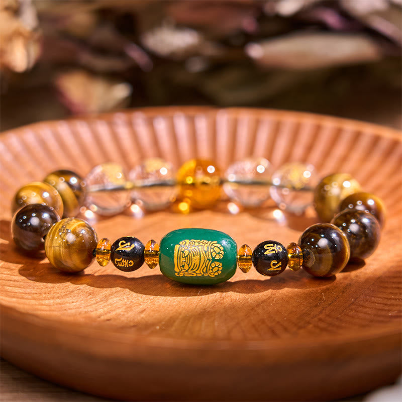Pulsera de coraje de cristal blanco con ojo de tigre del zodíaco chino y piedras de Buda