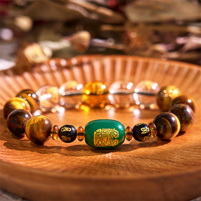 Pulsera de coraje de cristal blanco con ojo de tigre del zodíaco chino y piedras de Buda