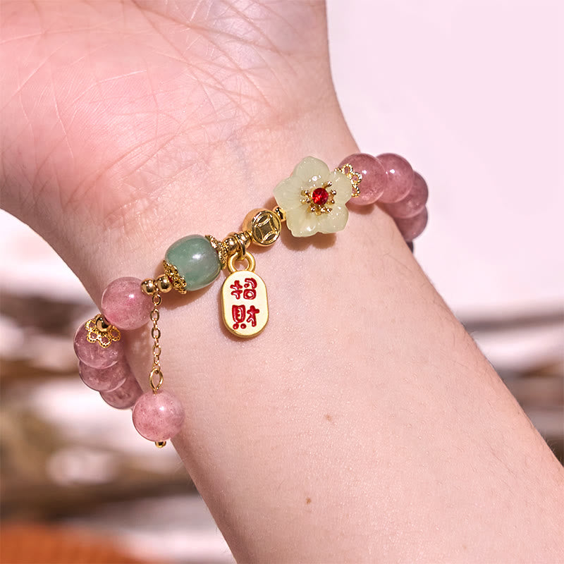 Pulsera de curación positiva con carácter Fu de flor de cuarzo fresa natural de Buddha Stones