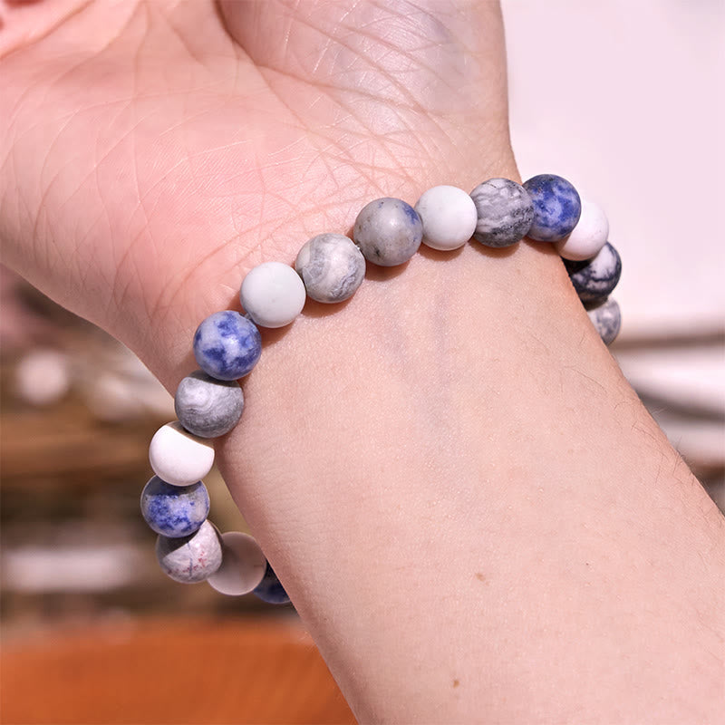 Pulsera de relajación con piedras de Buda, jaspe Picasso, turquesa blanca y jaspe con puntos azules