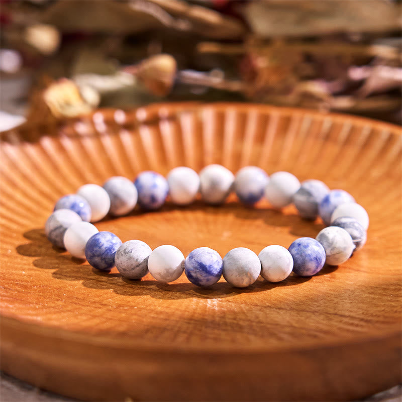 Pulsera de relajación con piedras de Buda, jaspe Picasso, turquesa blanca y jaspe con puntos azules