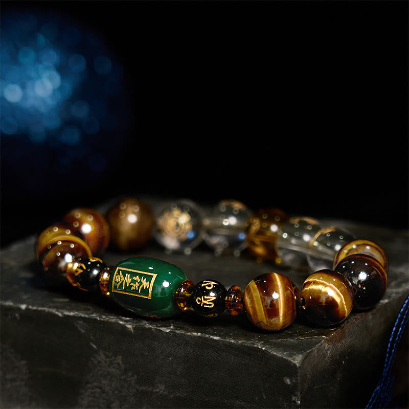 Pulsera de coraje de cristal blanco con ojo de tigre del zodíaco chino y piedras de Buda