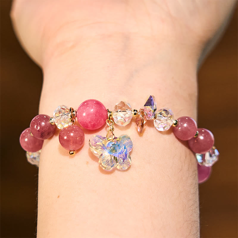 Pulsera de mariposa de amor con cristales de fresa, cuarzo blanco y cristal rosa de Buddha Stones