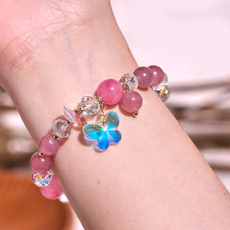 Pulsera de mariposa de amor con cristales de fresa, cuarzo blanco y cristal rosa de Buddha Stones