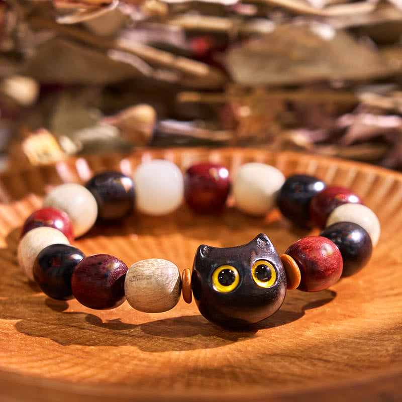 Pulsera de protección con piedras de Buda, hoja pequeña, sándalo rojo, madera de ébano y gato grabado